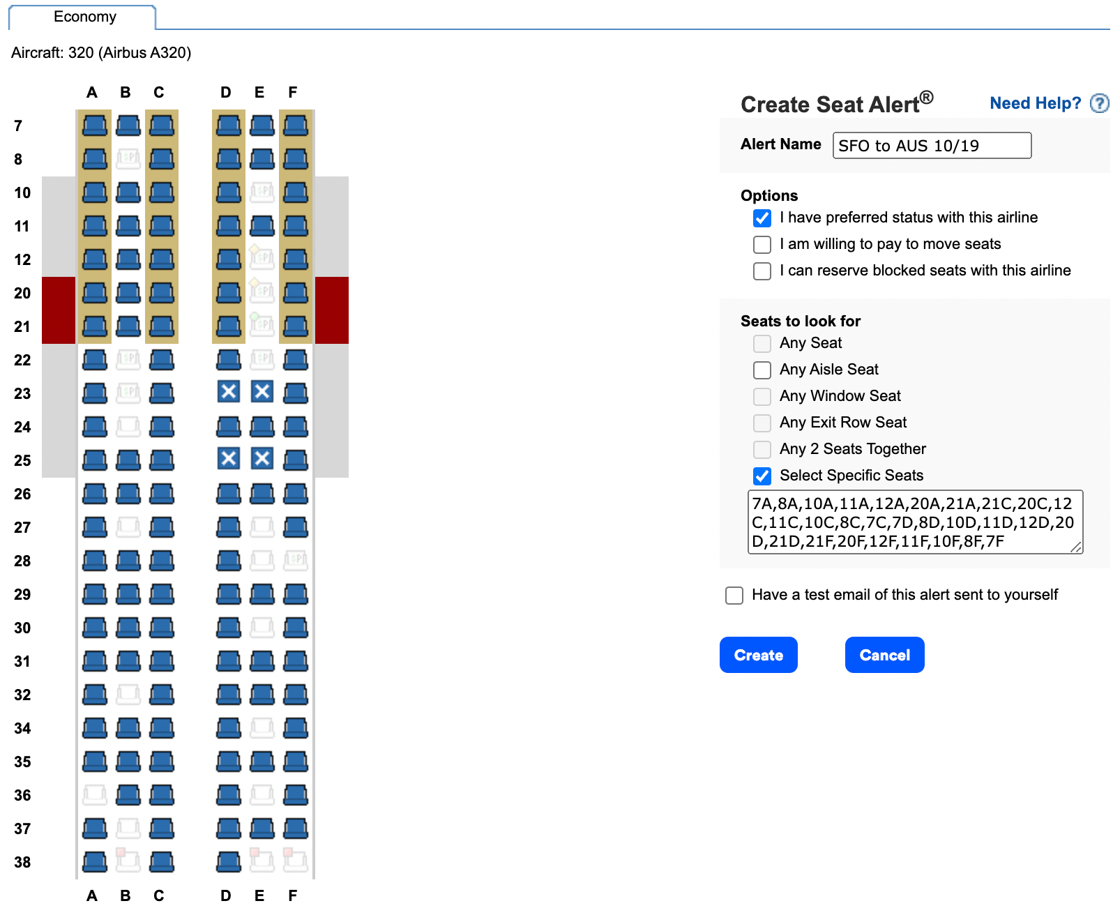 Setting an ExpertFlyer seat alert