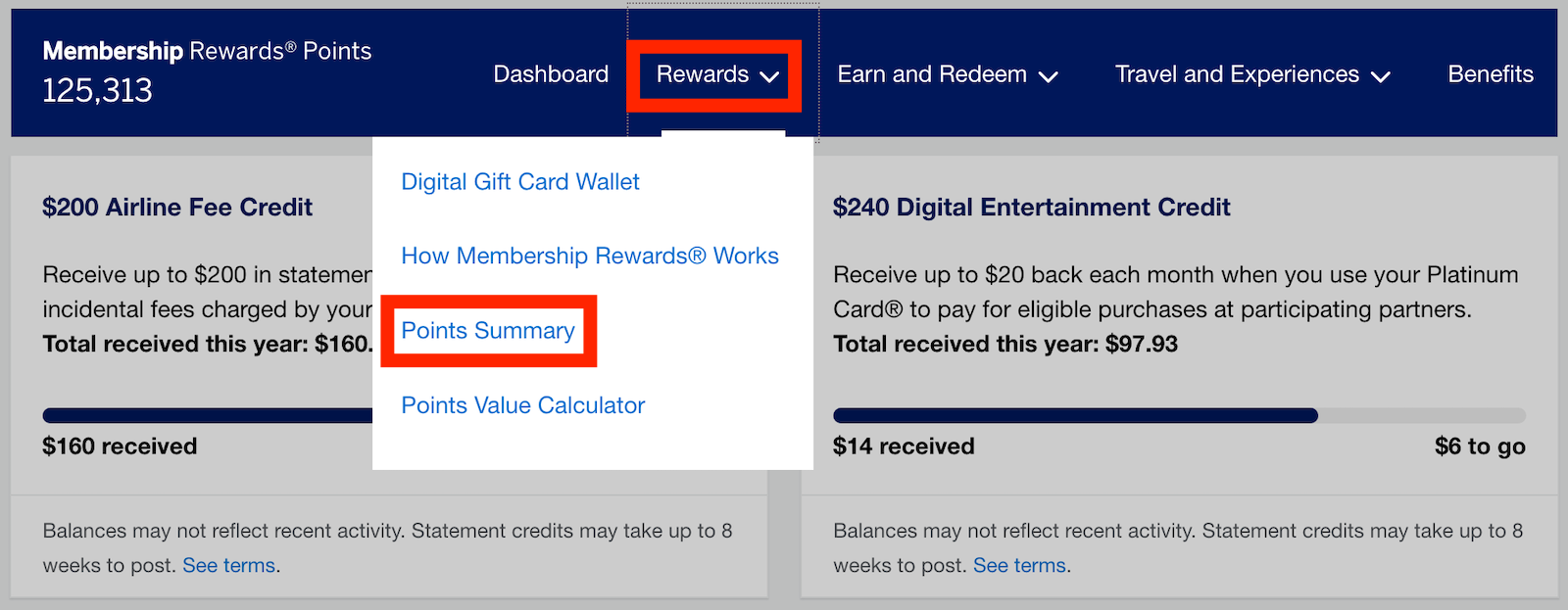 red boxes indicate where to click to see points earned on recent purchases