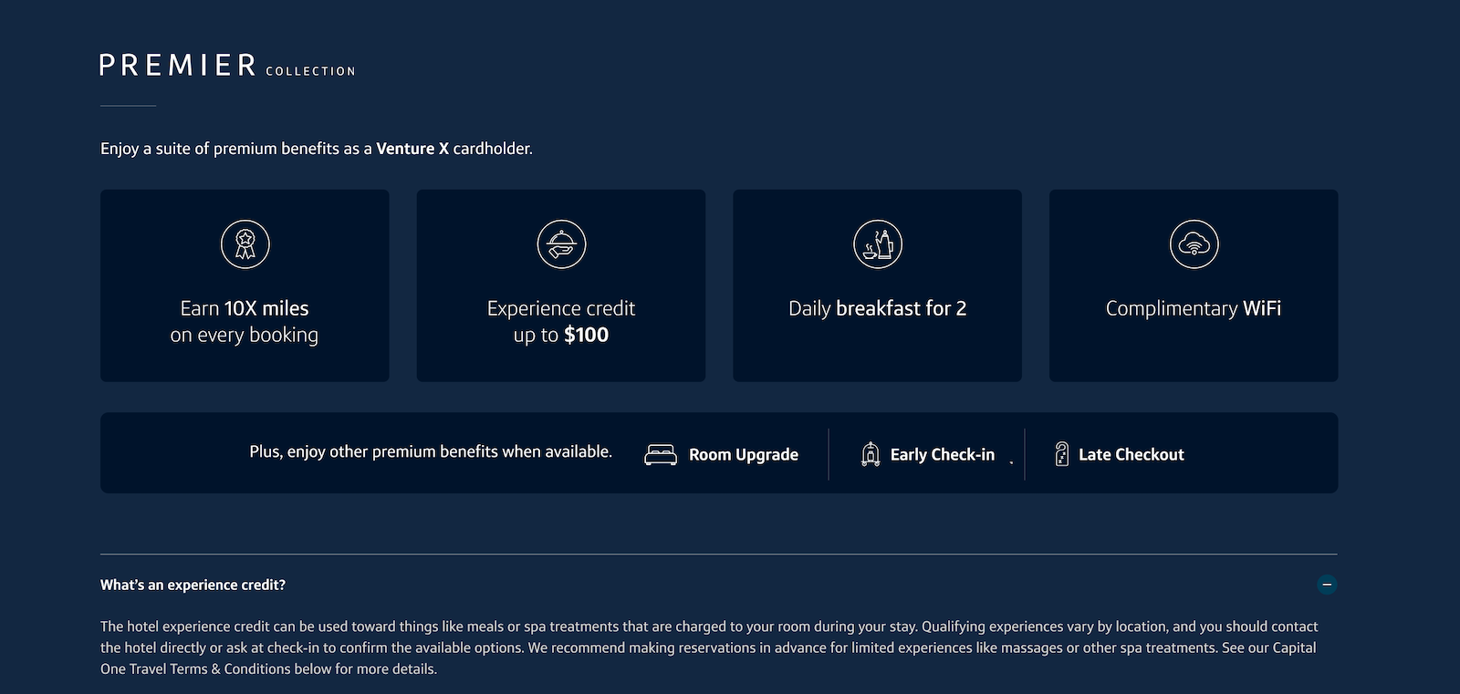 list of benefits for Capital One Premier Collection hotel bookings