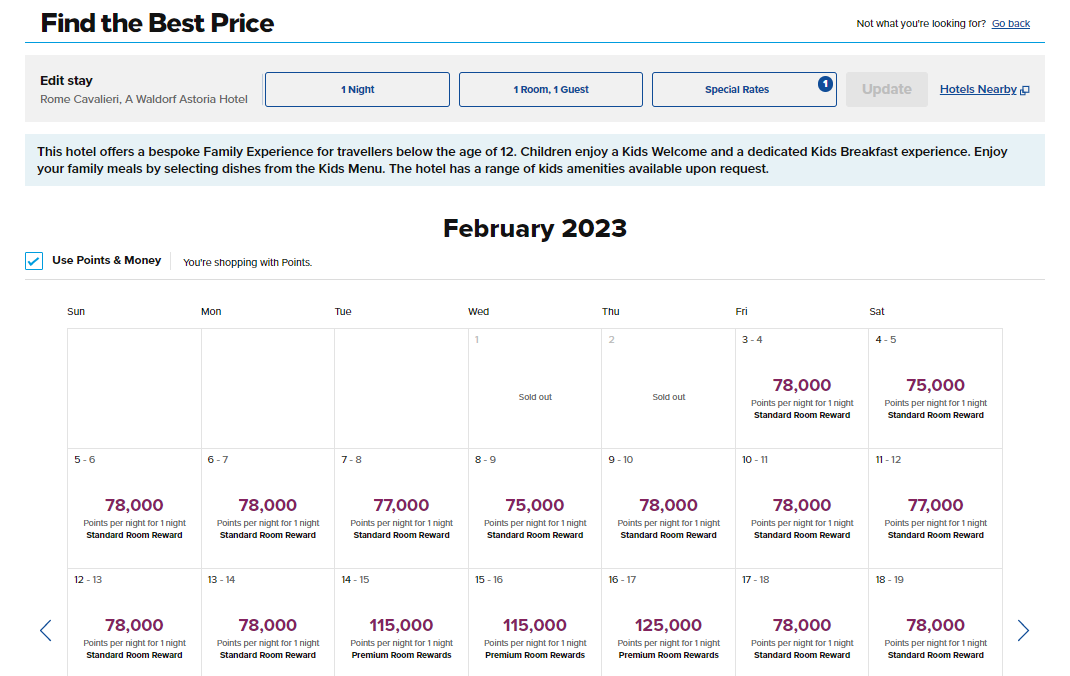 Hilton award pricing for Rome