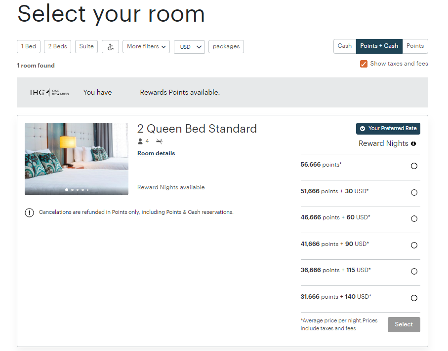 Booking IHG points and cash