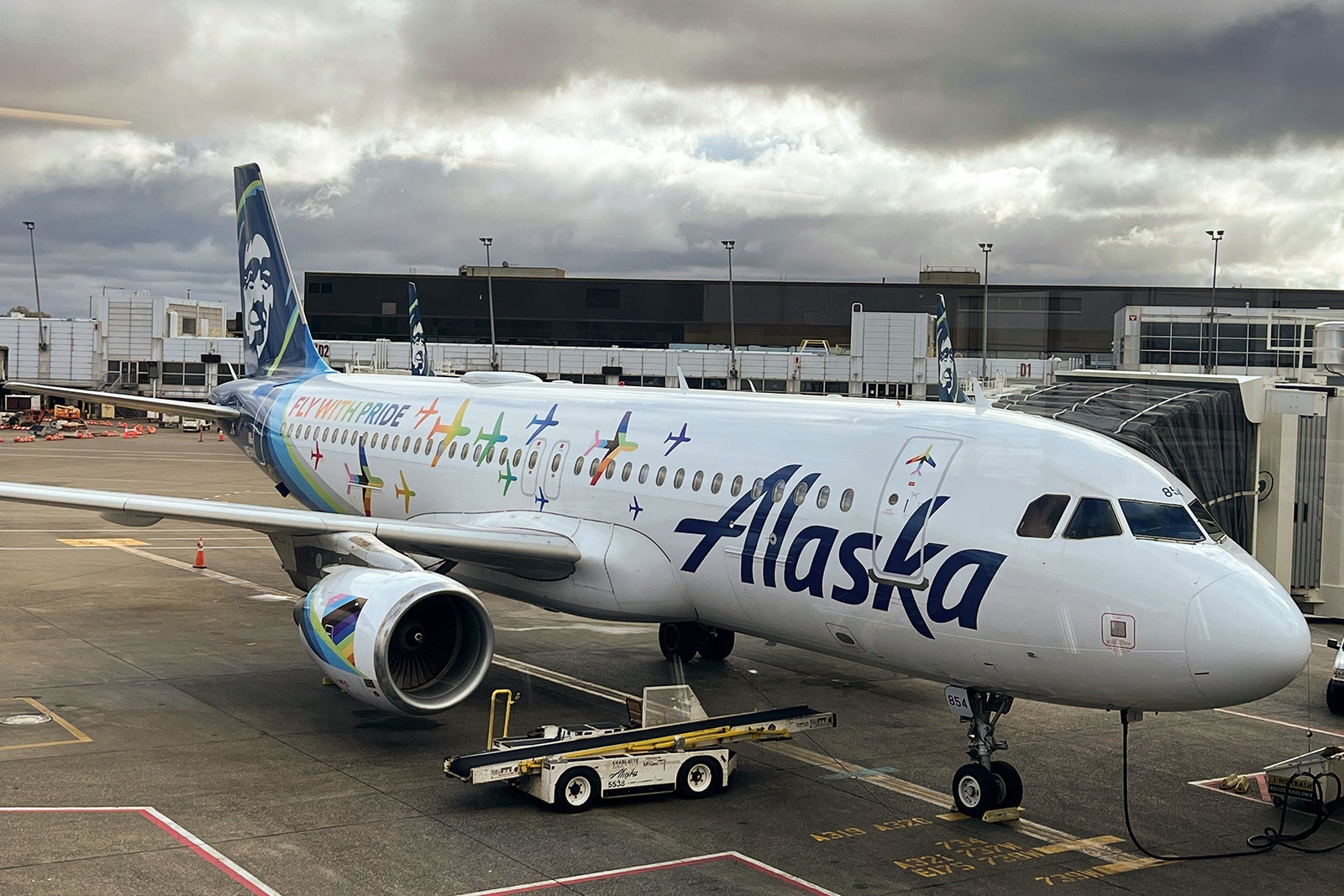 Alaska Airlines A320 plane with Fly With Pride decorations