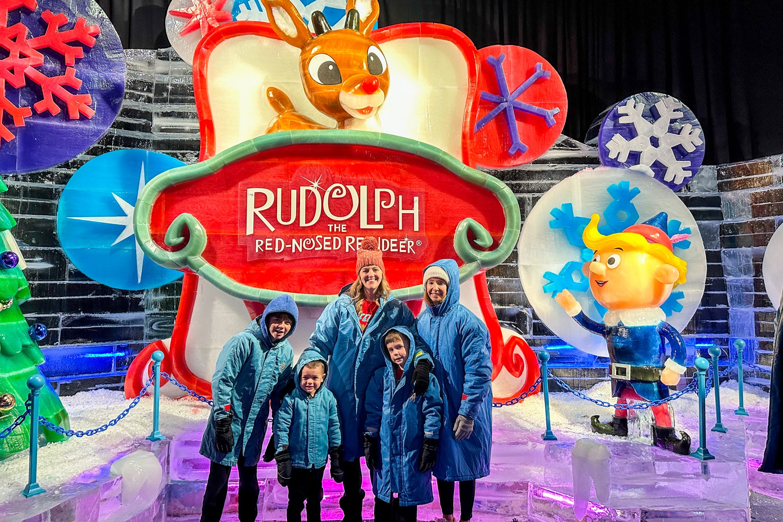 Rudolph the Red-Nosed Reindeer holiday ice carvings at a Gaylord Hotel