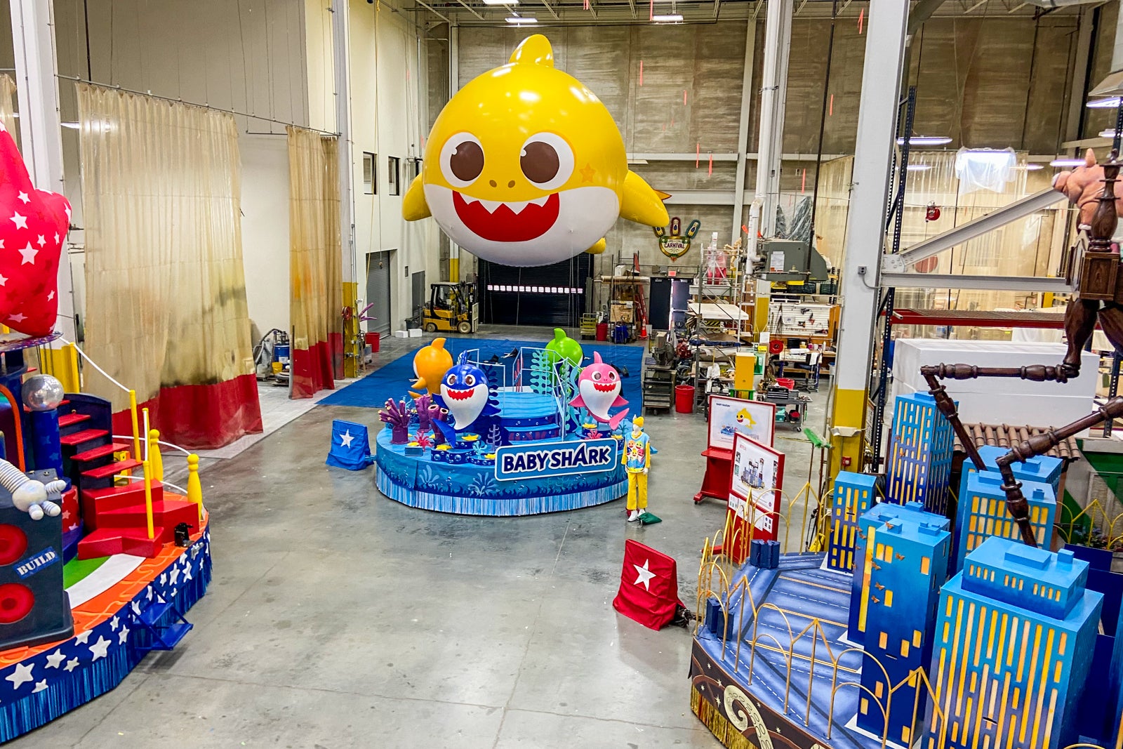 Baby Shark float in Macy's Thanksgiving Day Parade warehouse