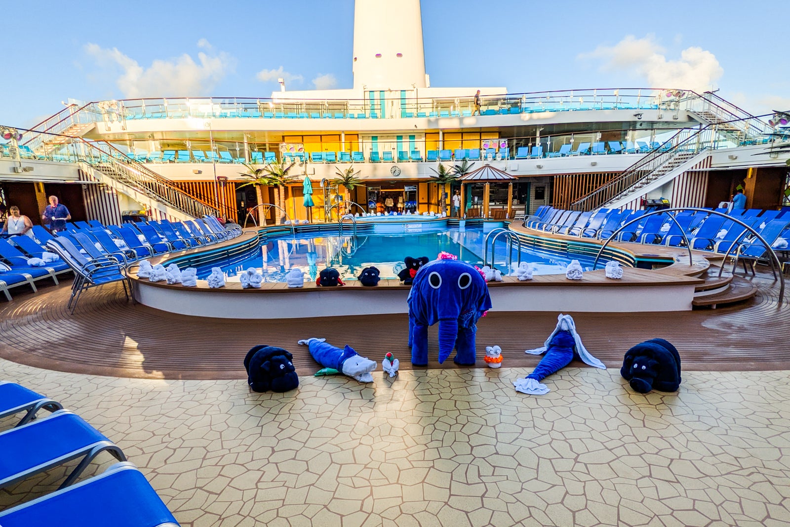 Cruise ship pool deck decorated with towel animals