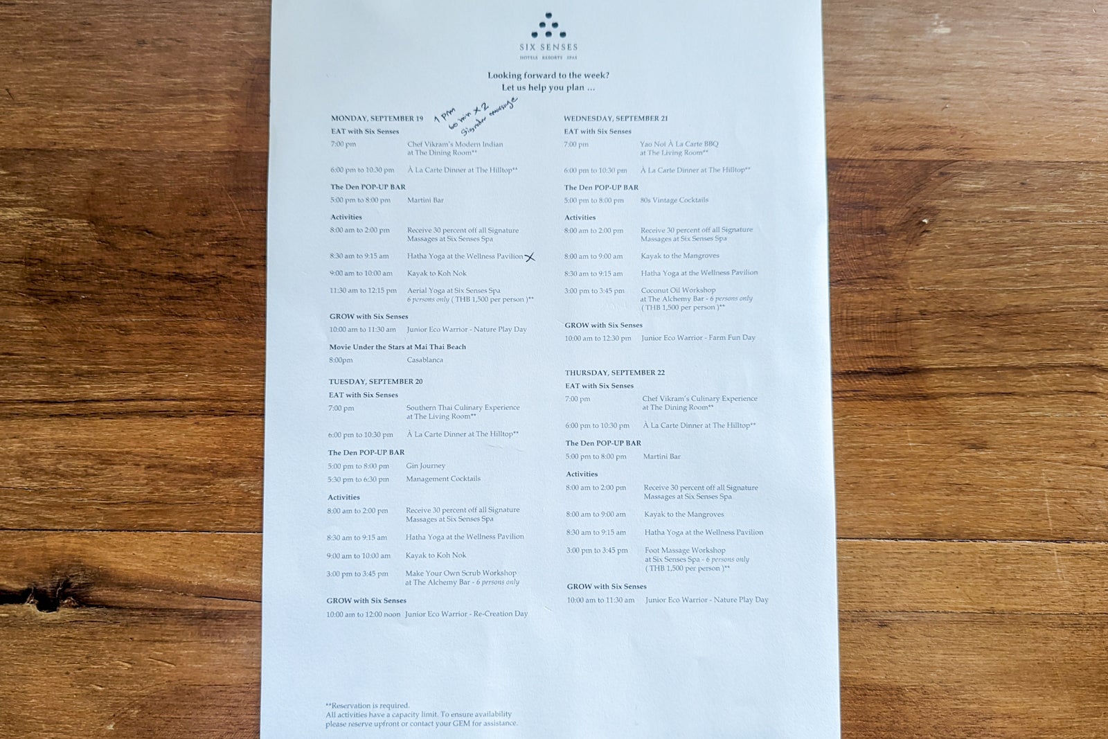 Six Senses Yao Noi schedule