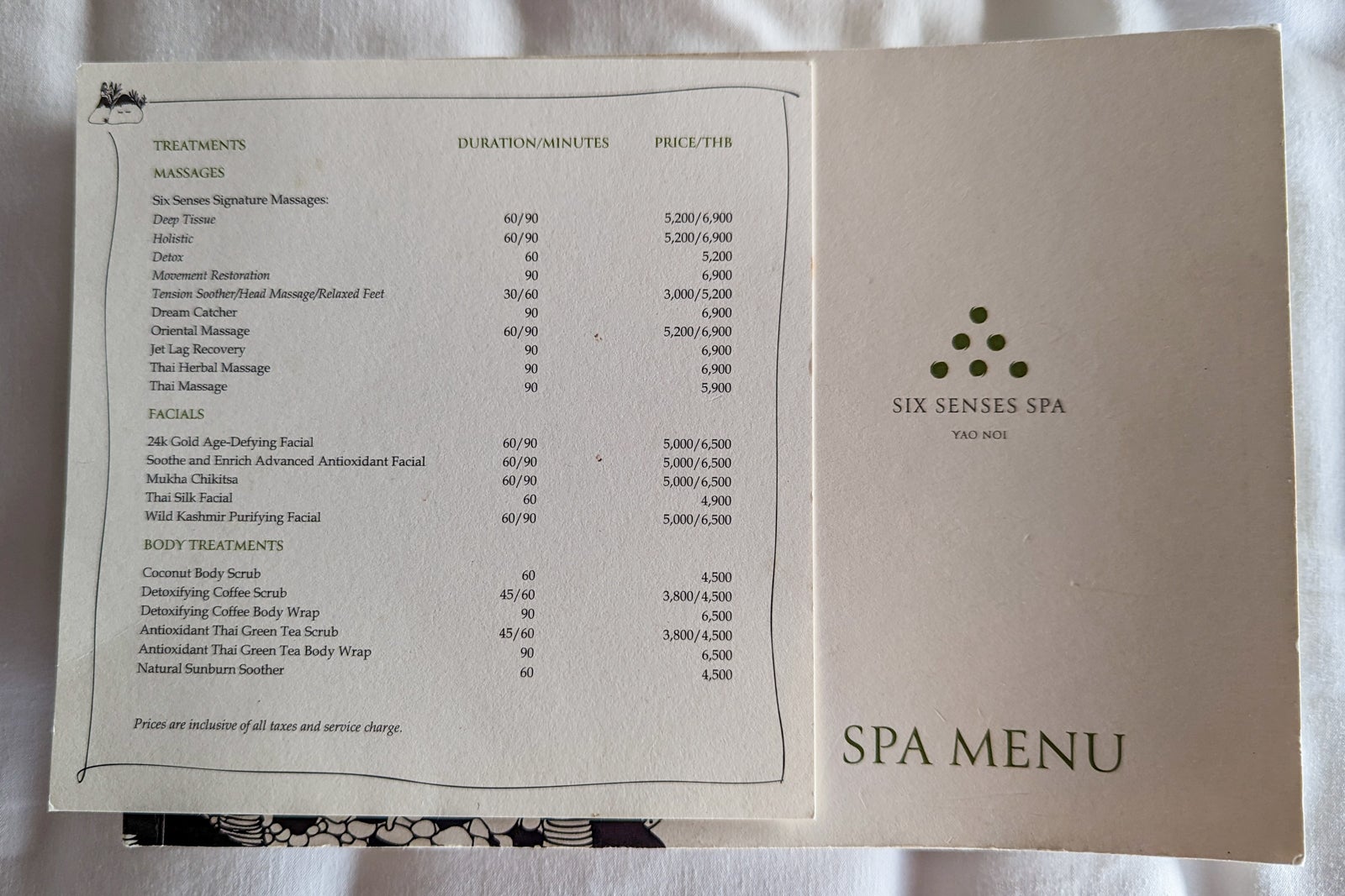 Six Senses Yao Noi spa menu