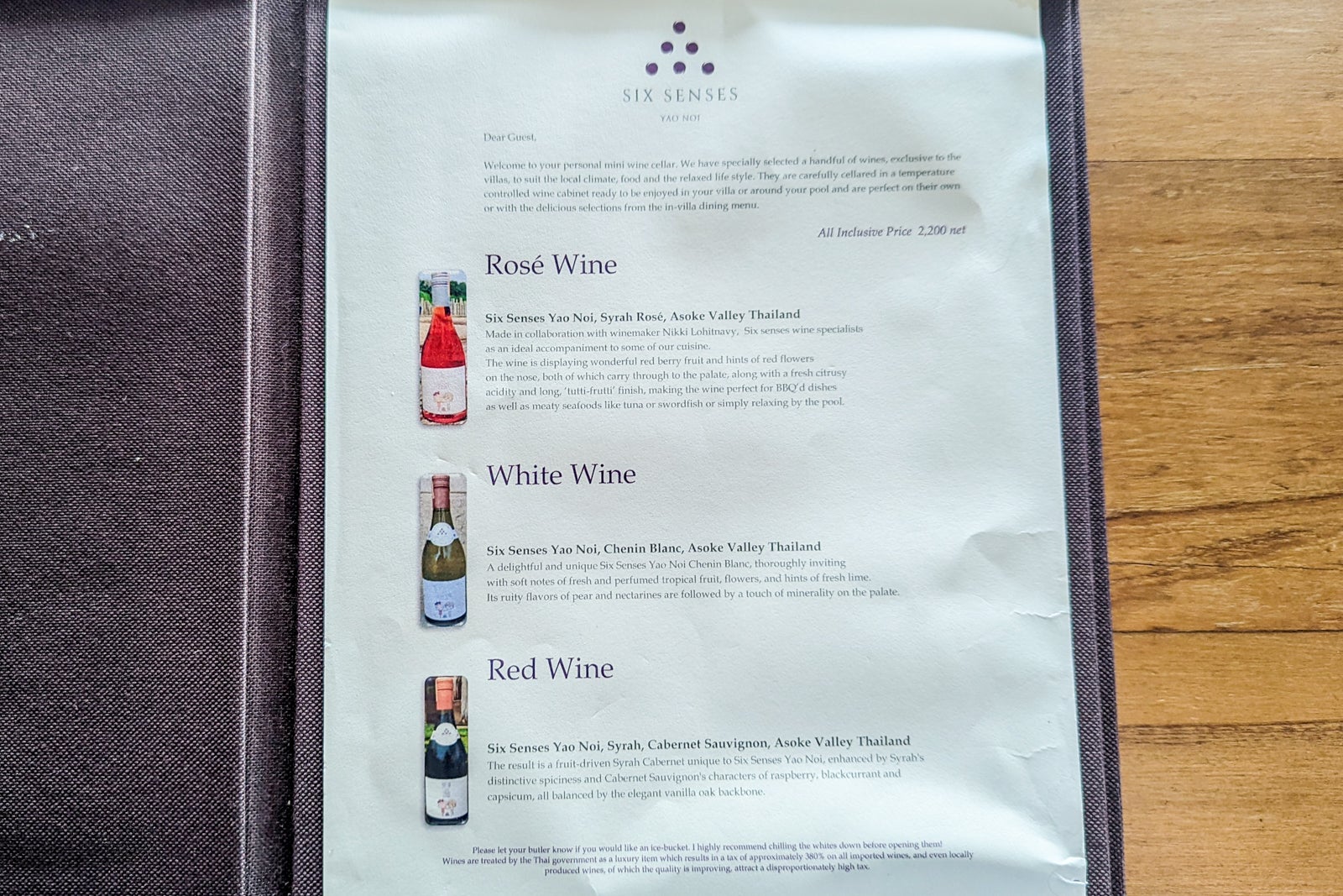 Six Senses Yao Noi villa wine list