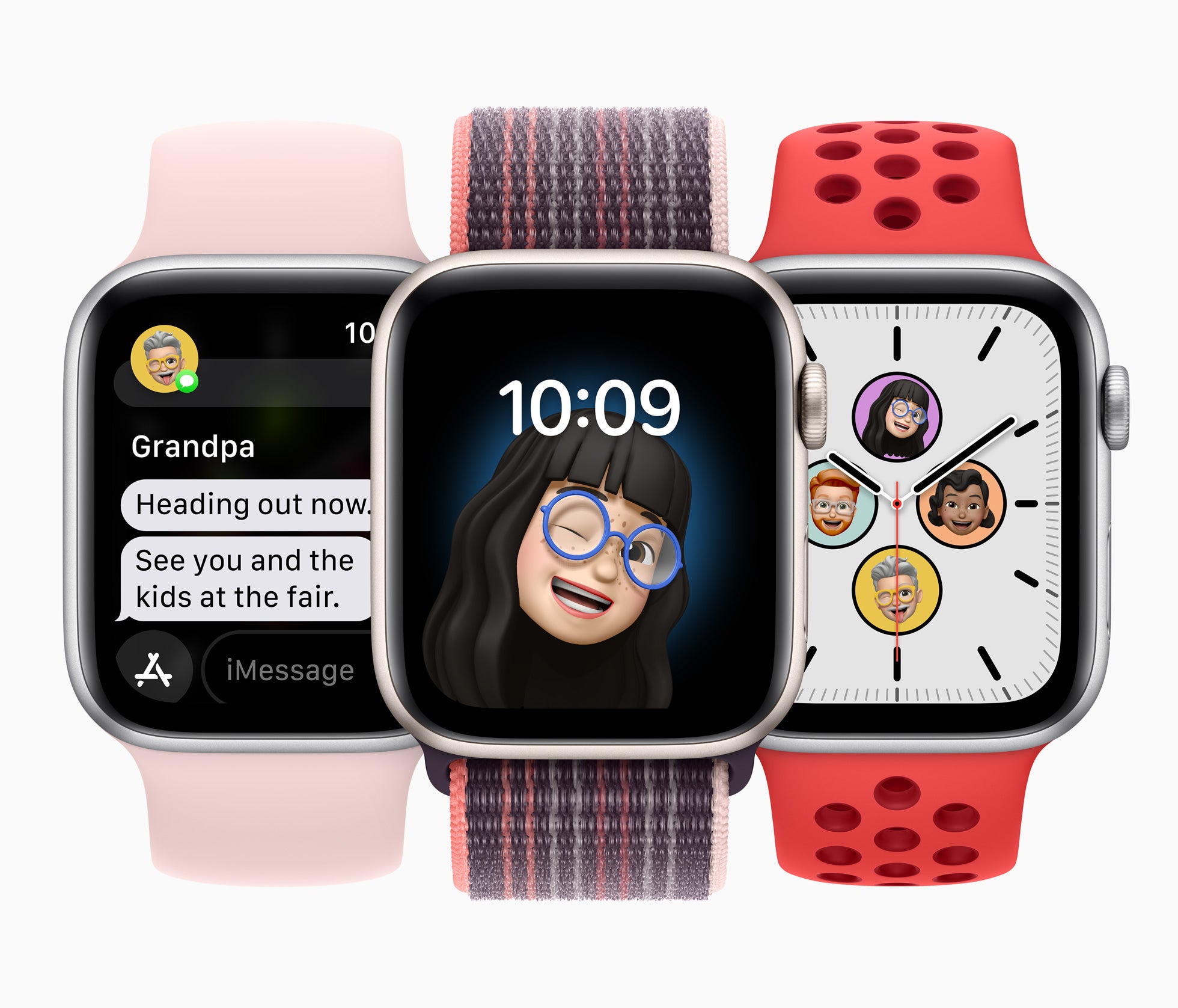 Apple Watches in pink, plaid and red.
