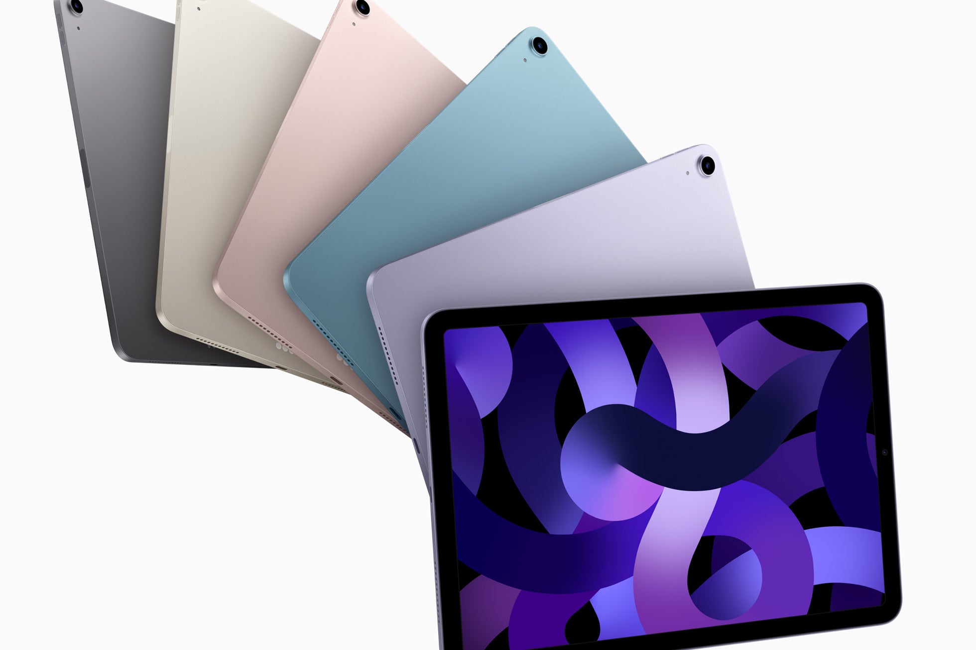 6 Apple iPad Airs in different colors.