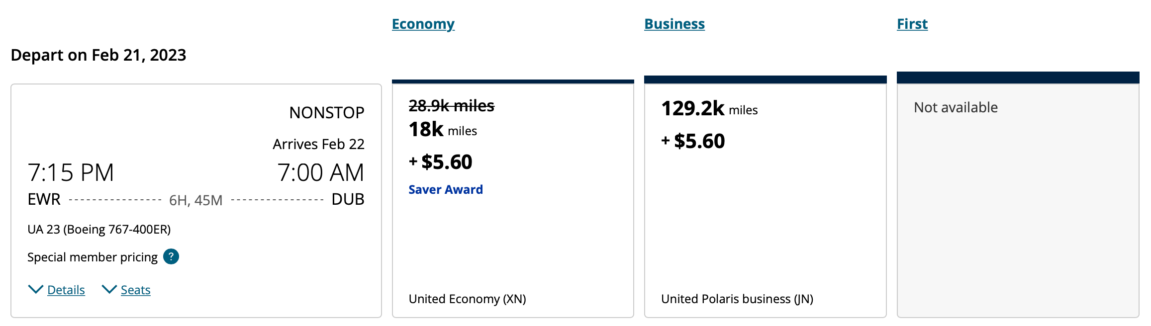 EWR to DUB United award