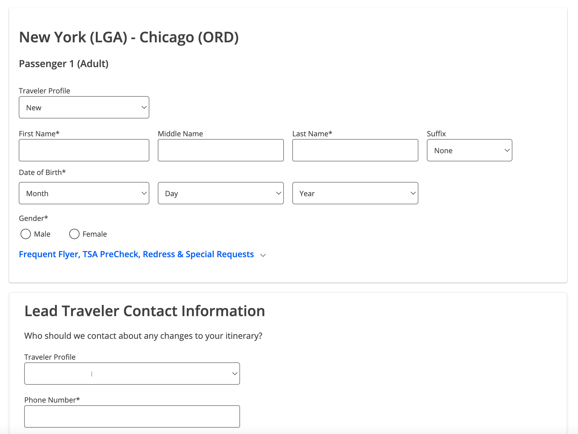 Entering passenger information on the Chase portal