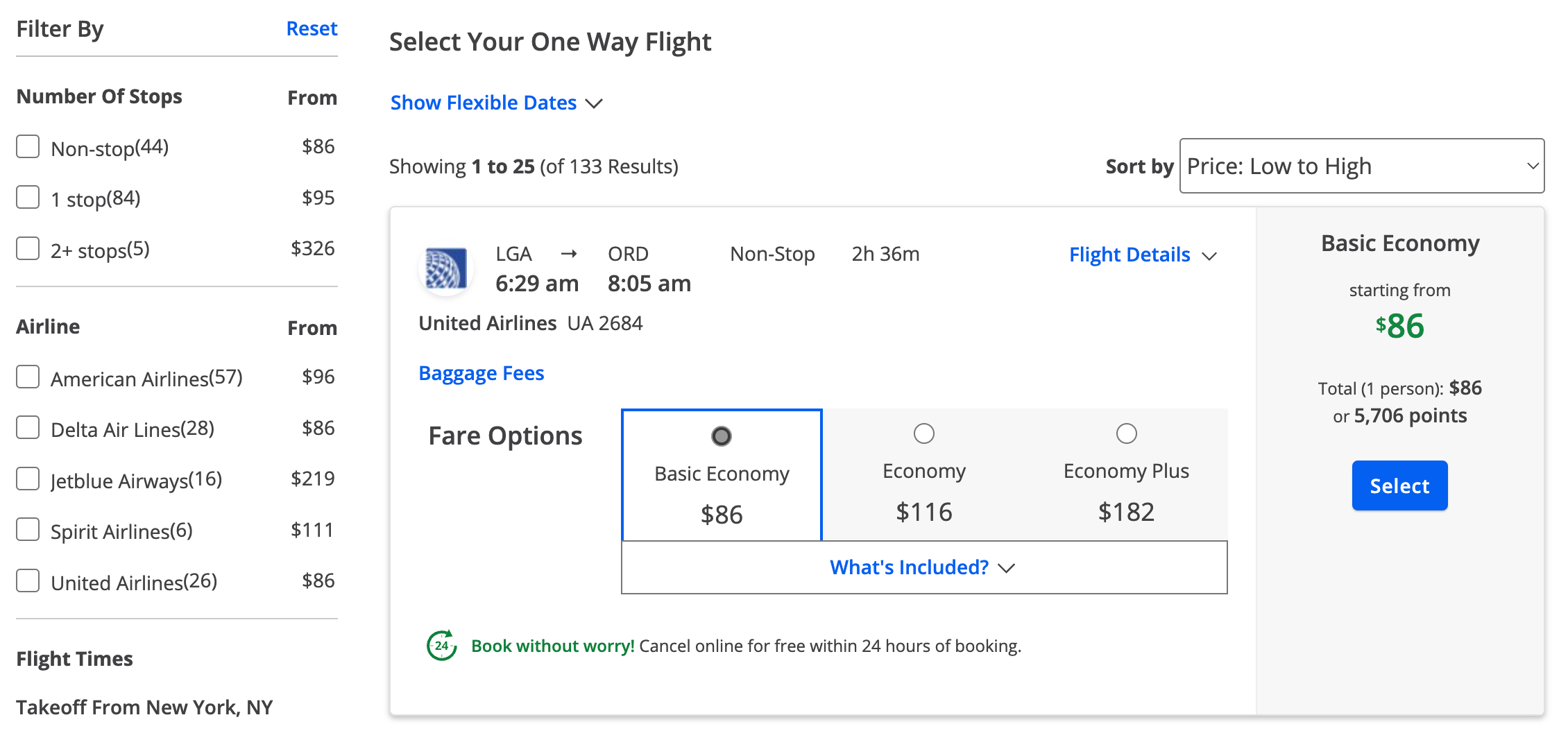 Flight results on the Chase travel portal