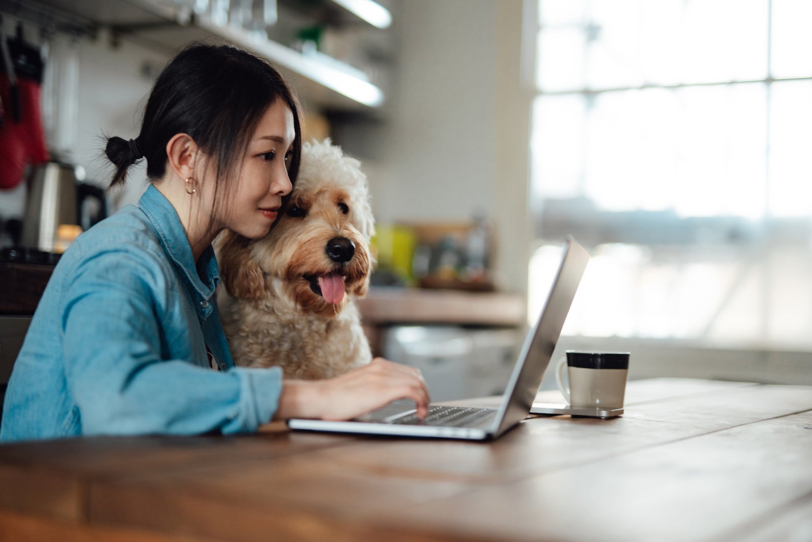 An Asian woman holds her dog while using a laptop to shop online