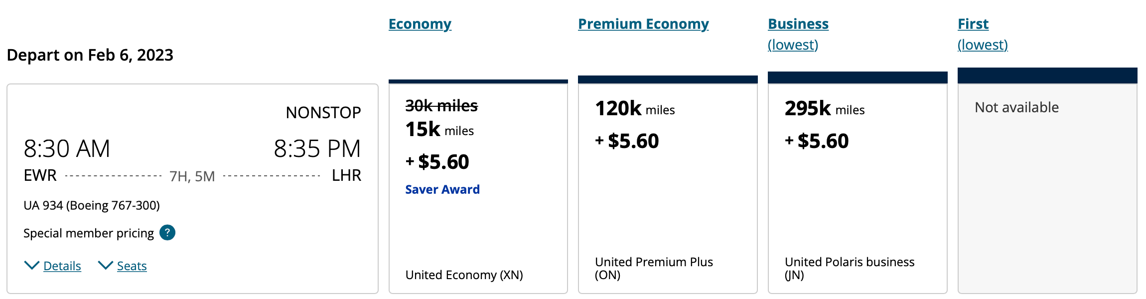 LHR to EWR United award on sale