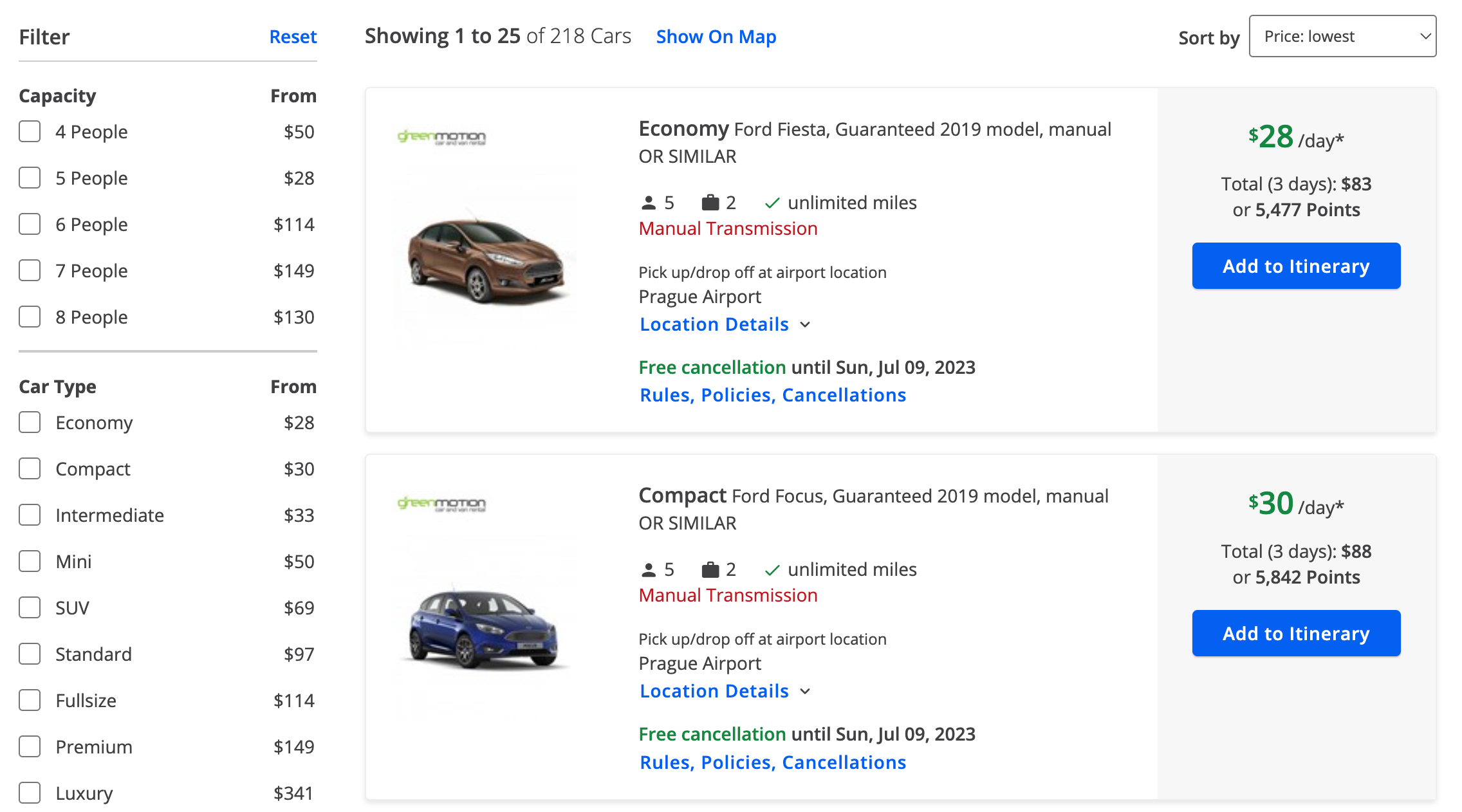 Rental cars in the Chase travel portal