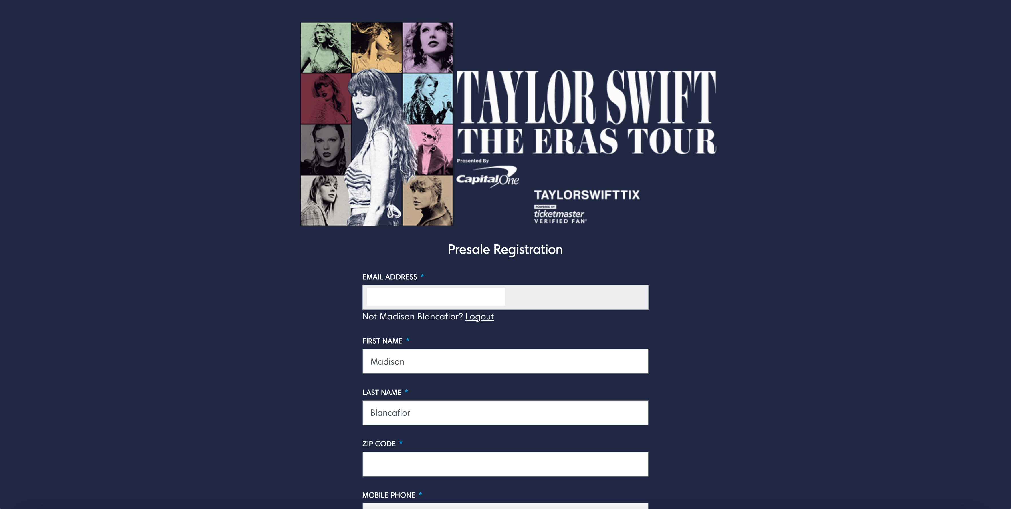 Taylor Swift "The Eras Tour" Verified Fan Registration