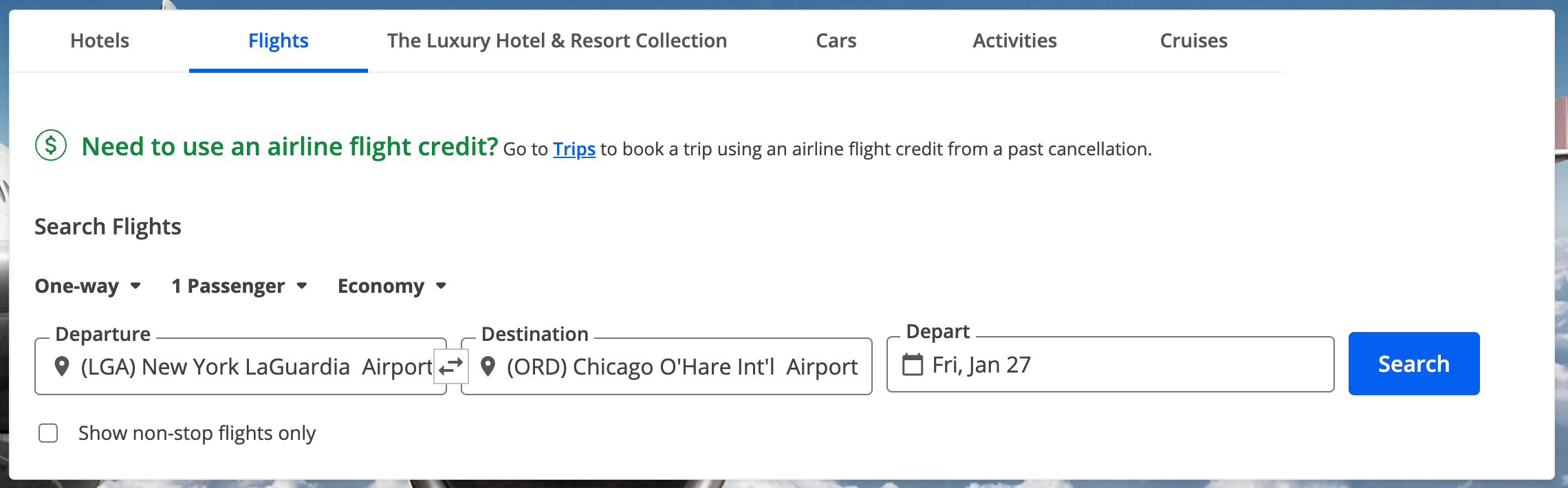 Searching for a flight on the Chase travel portal