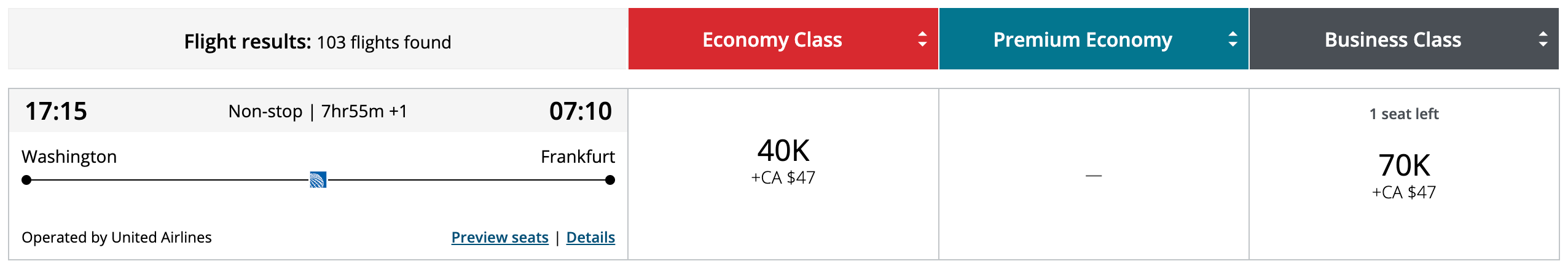 United business class award on the Air Canada website
