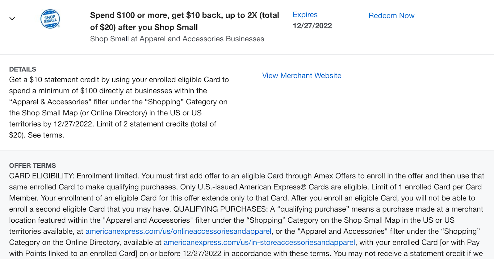 a rebate offer from American Express when shopping at small businesses