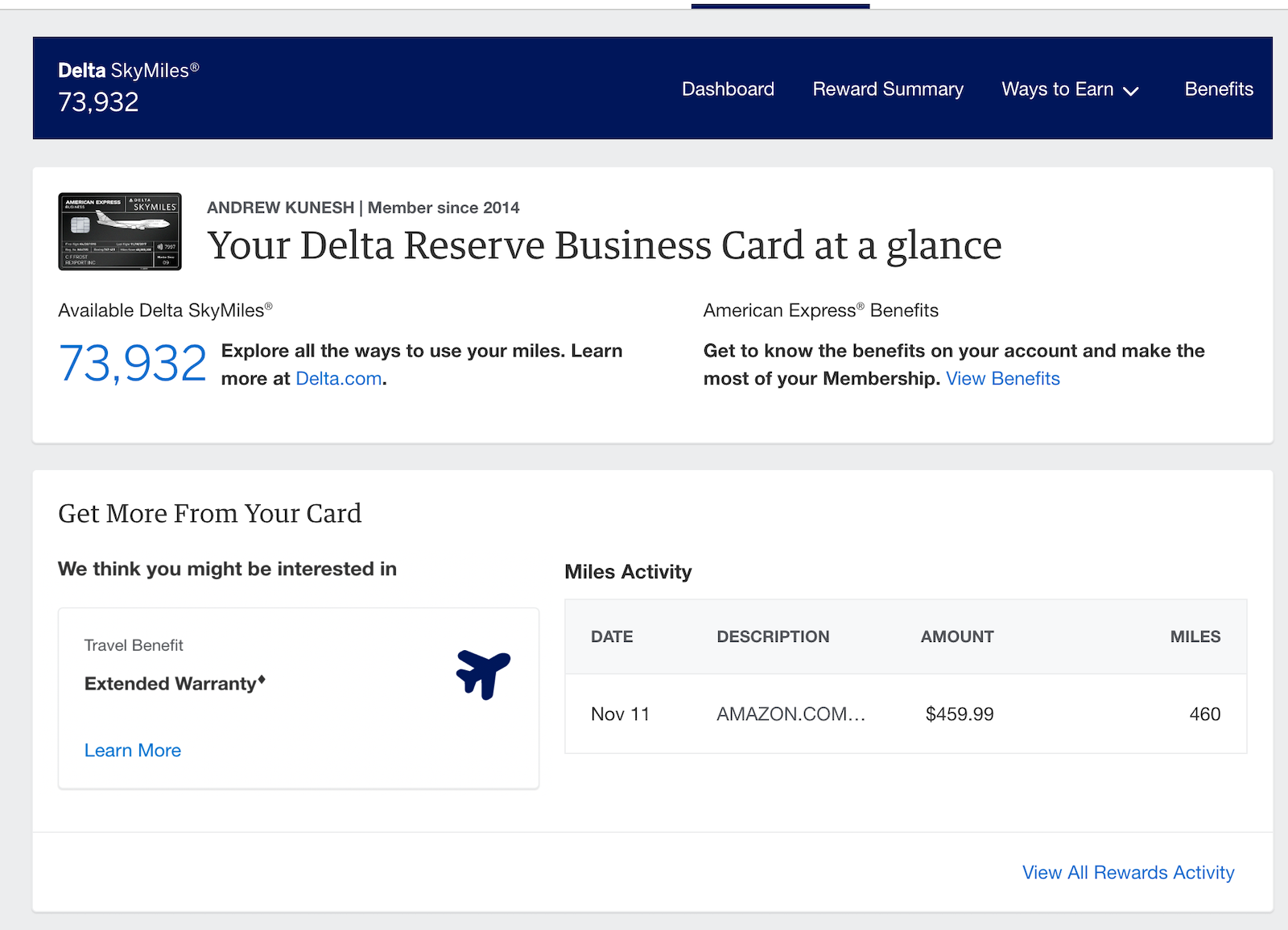 recent transactions page on a Delta credit card within the American Express website