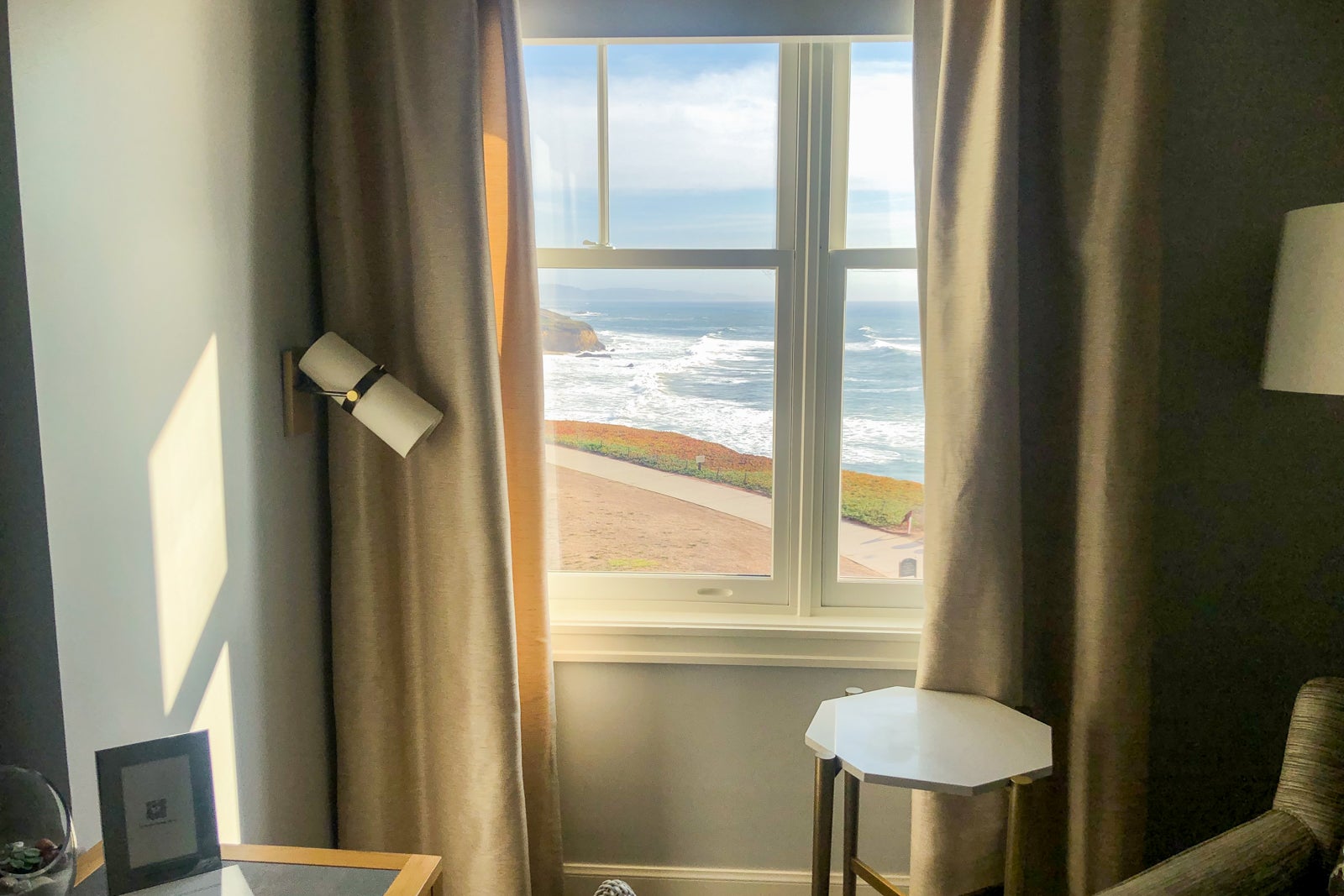 Photo of the view from the guest room at The Ritz-Carlton Half Moon Bay overlooking the Pacific Ocean.