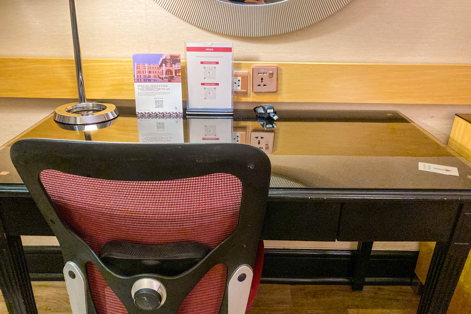 close-up of the desk and chair in a hotel room