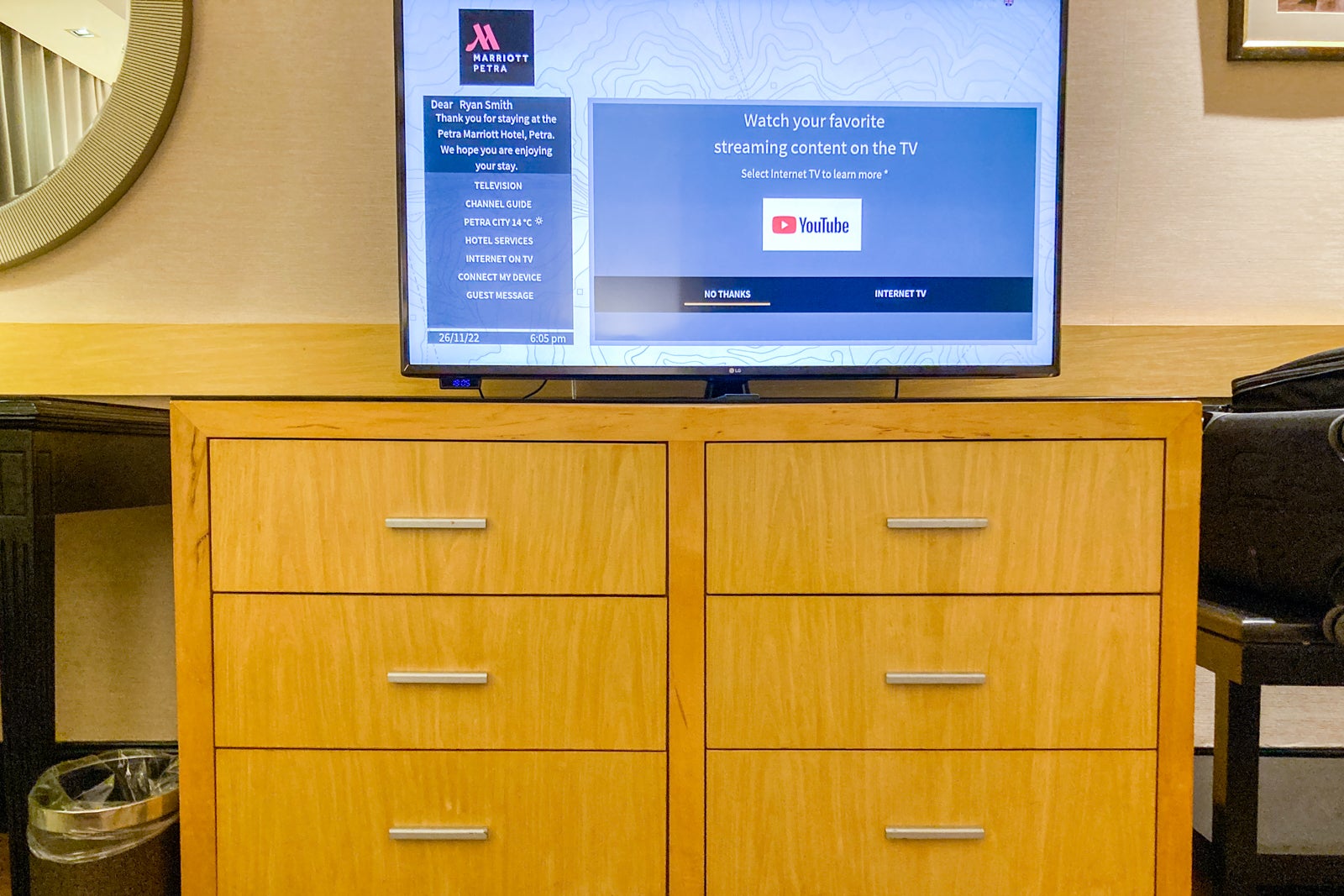 close-up of the TV on a dresser in a hotel room