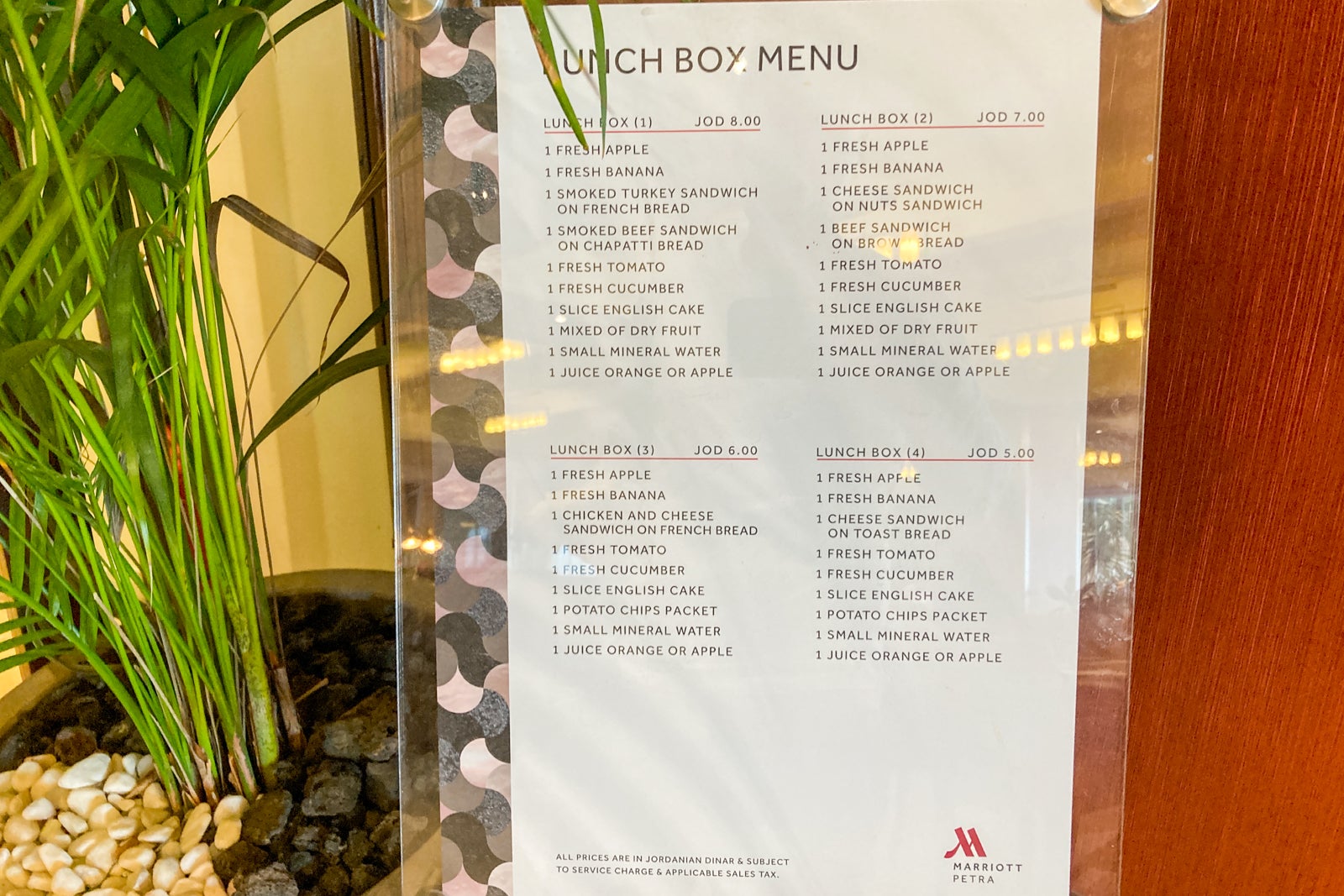 pricing for packed lunches from a hotel restaurant