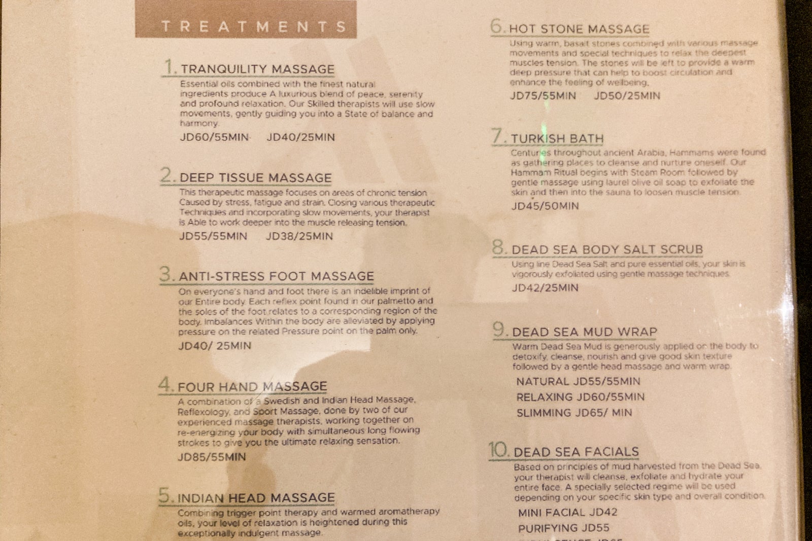 pricing at a hotel spa