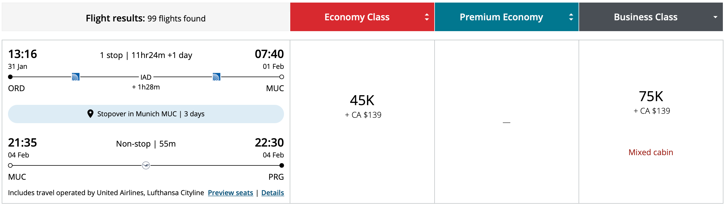Air Canada itinerary with a stopover