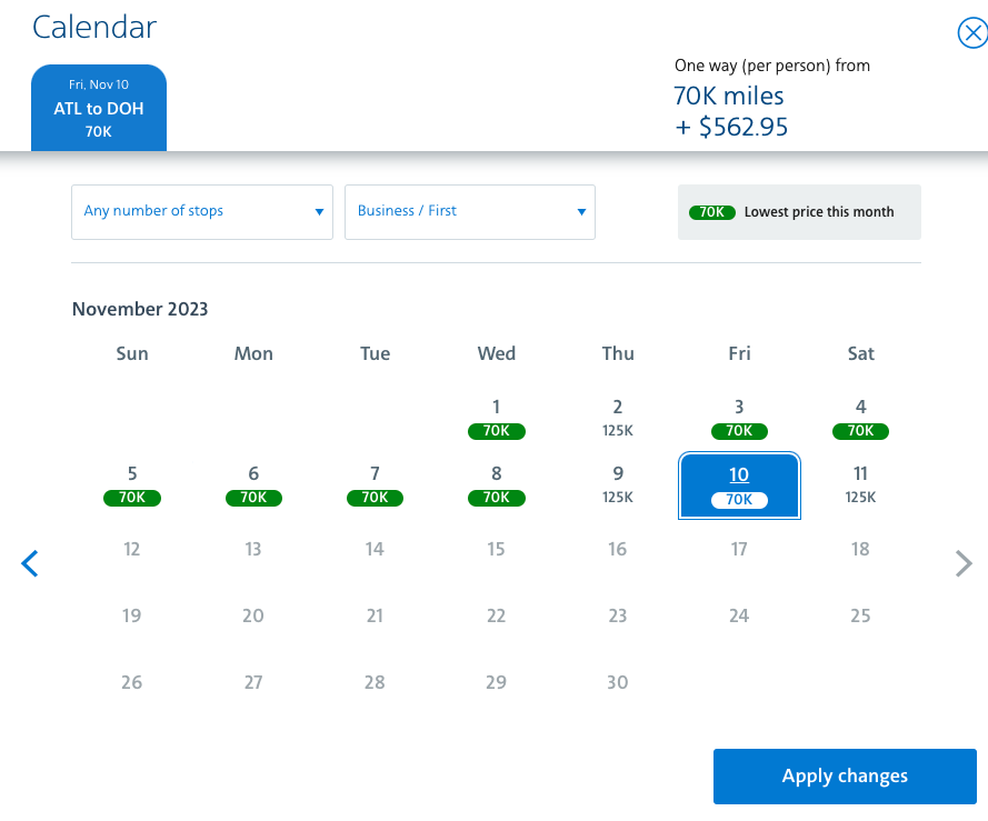 American Airlines award calendar for Atlanta to Doha in business class