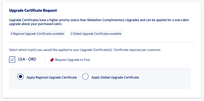 Applying an upgrade certificate to a Delta booking