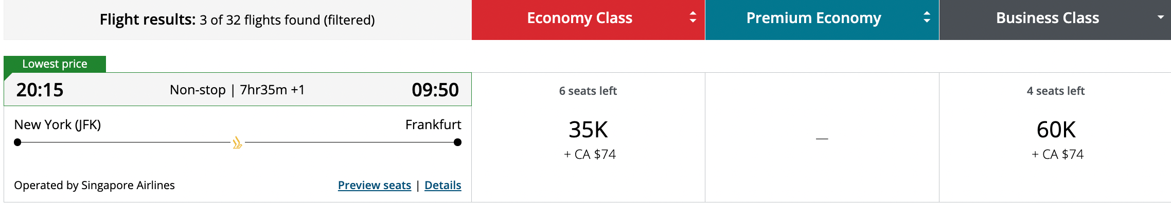 Booking JFK to FRA using Aeroplan