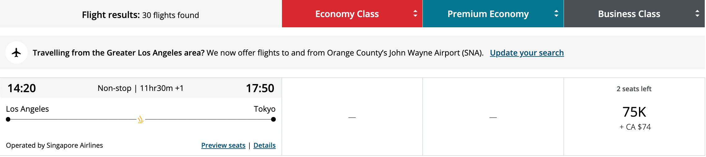 Booking LAX to NRT using Aeroplan