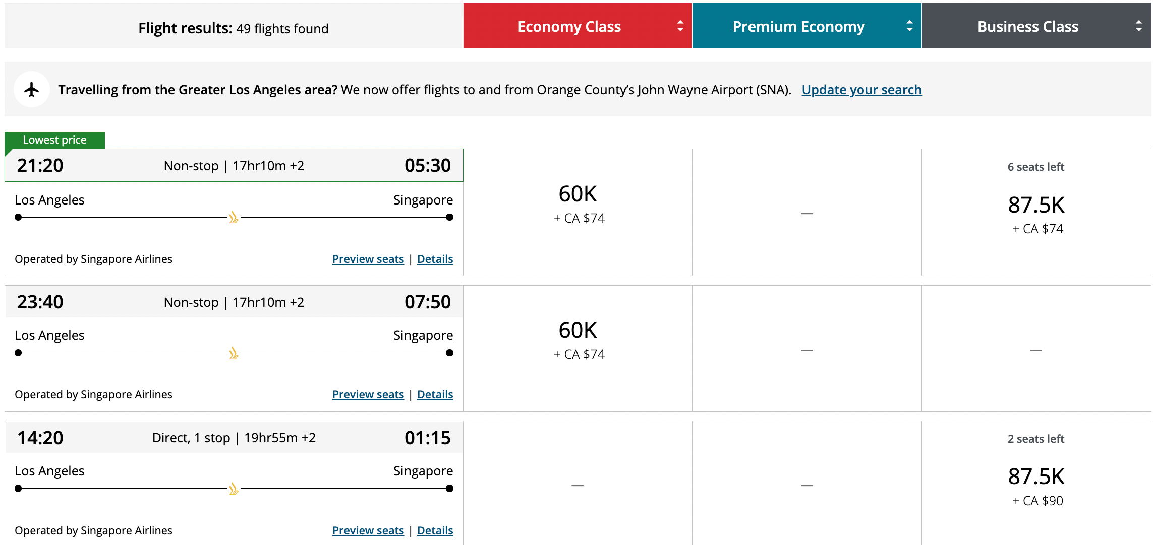 Booking LAX to SIN using Aeroplan