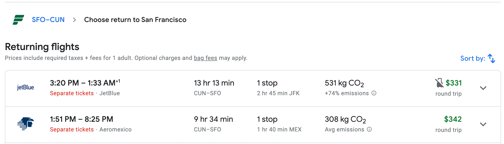 Booking separate tickets with Google Flights