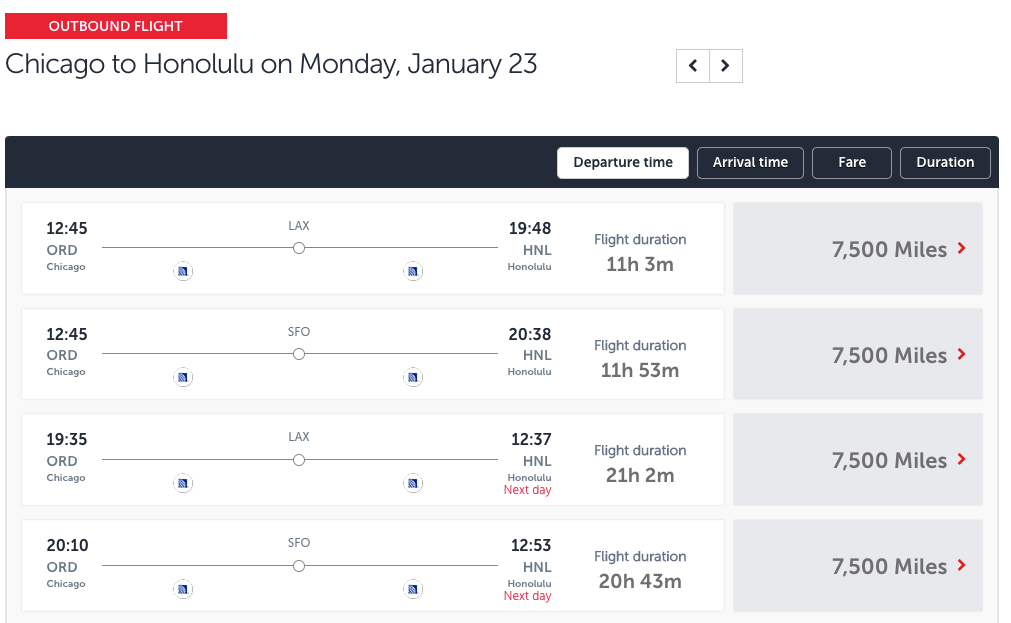 Chicago to Honolulu award flights on the Turkish Airlines website