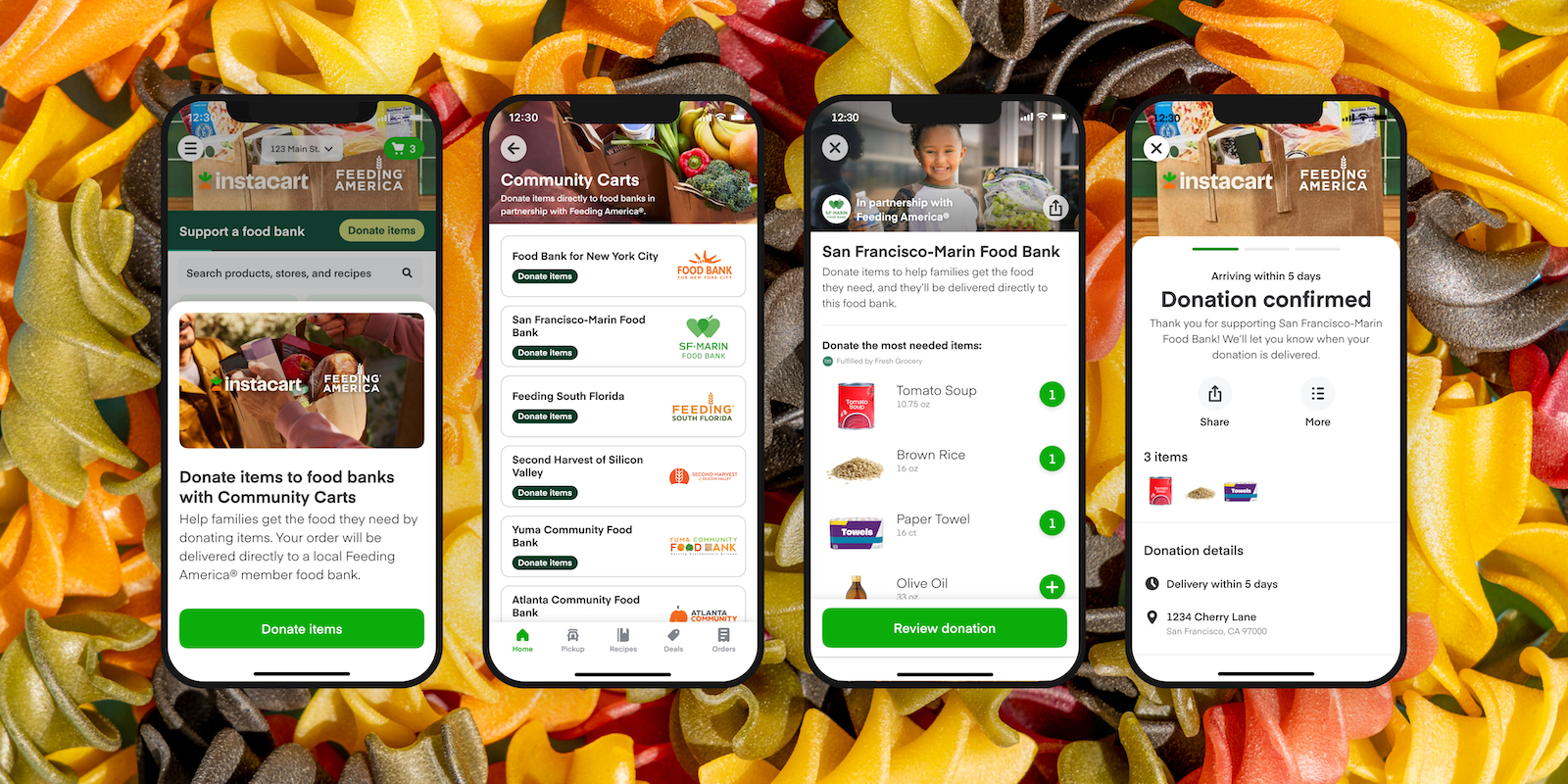 screenshots of using the Instacart app to donate to food banks