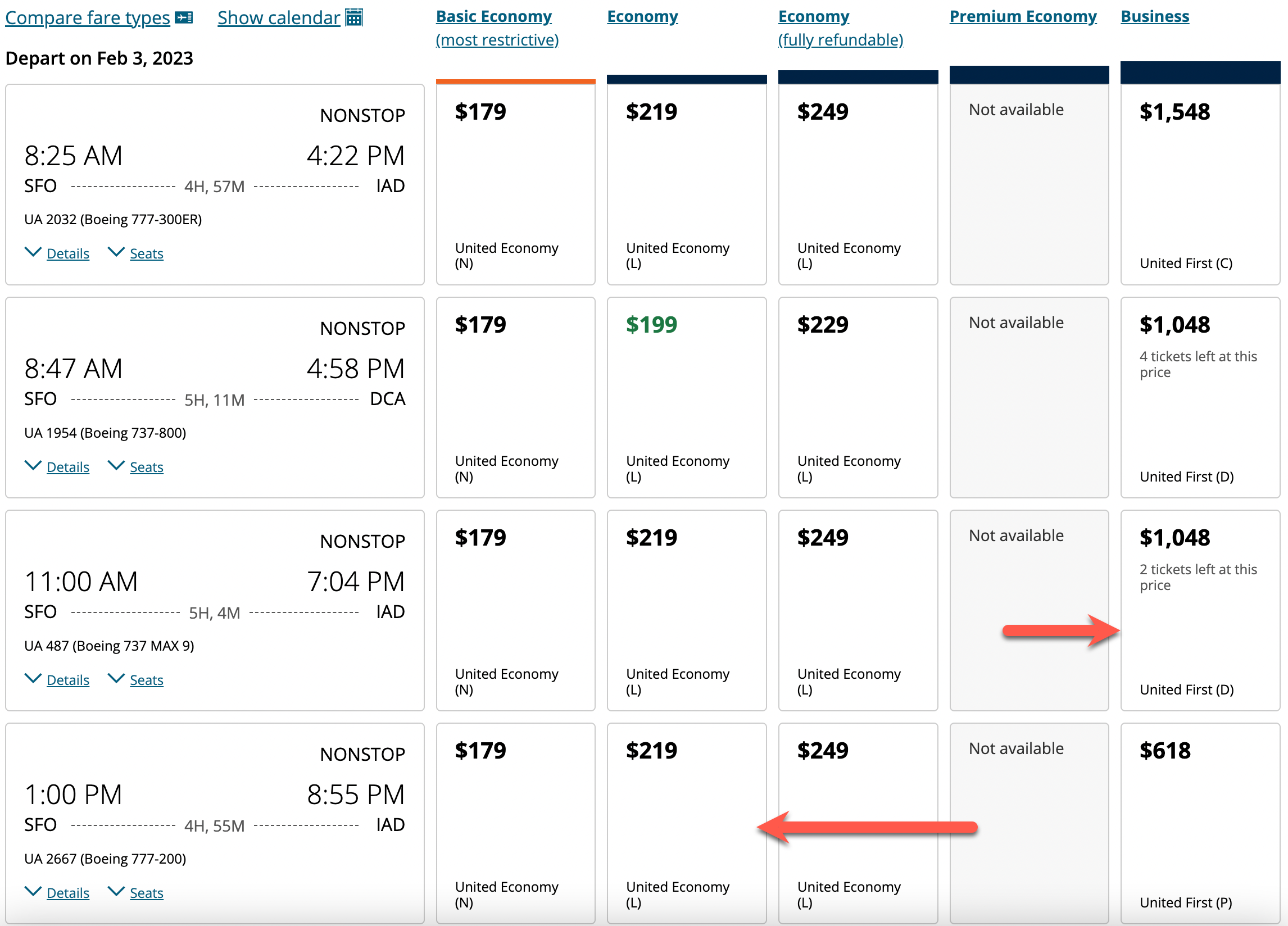 Comparing flight options