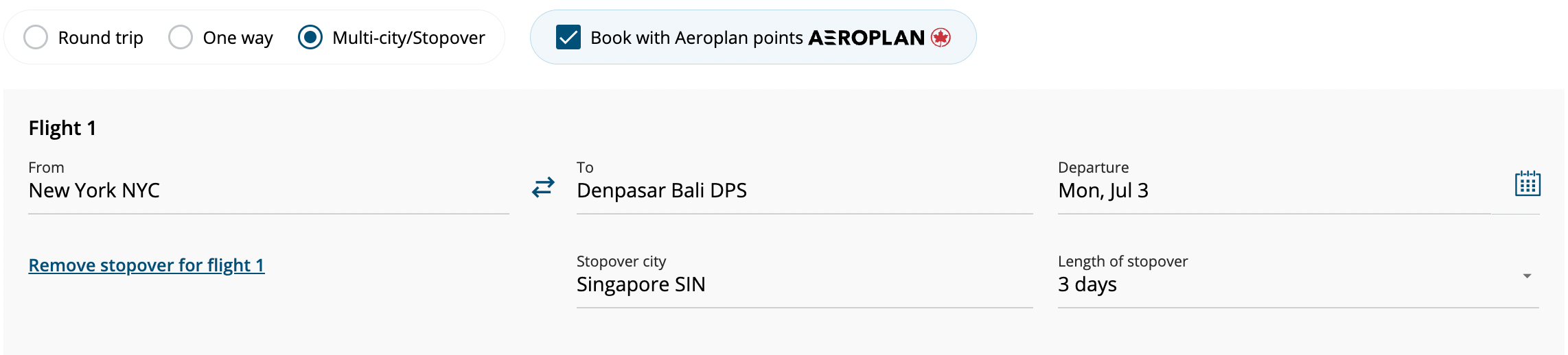 Entering information for an Aeroplan stopover