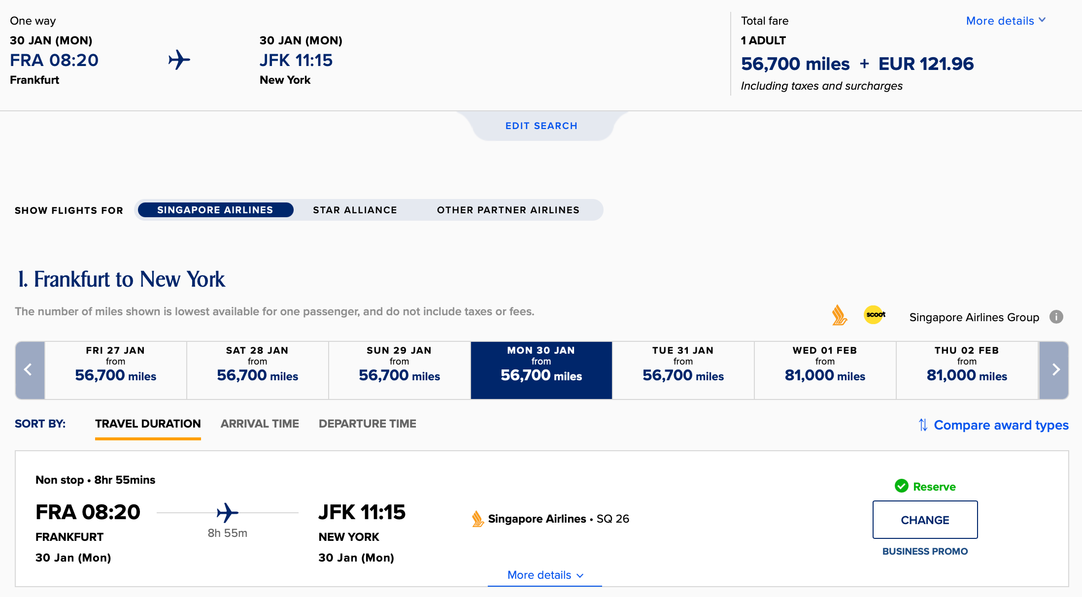 FRA to JFK Singapore Airlines award with taxes and fees