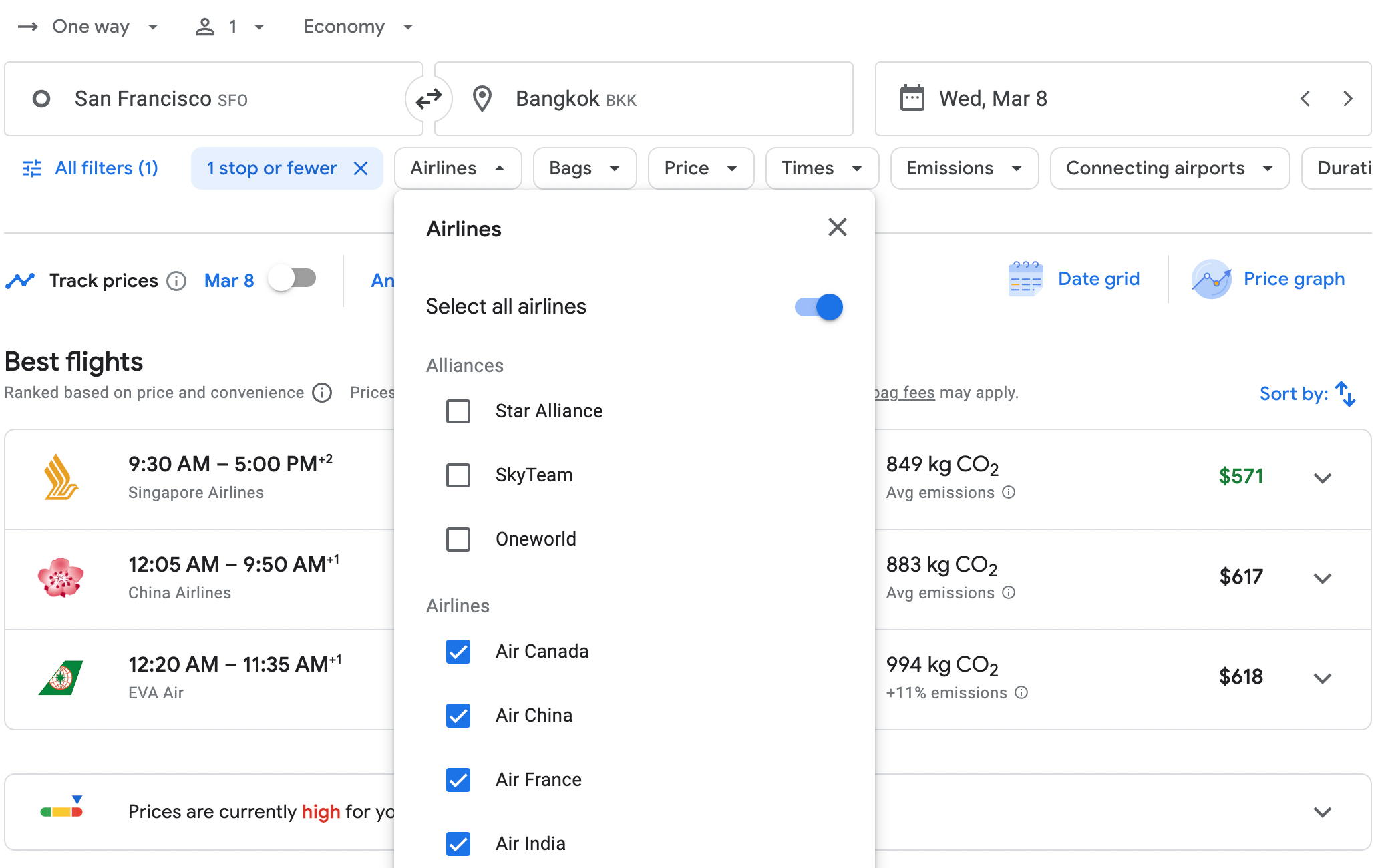 Filtering by alliance on Google Flights