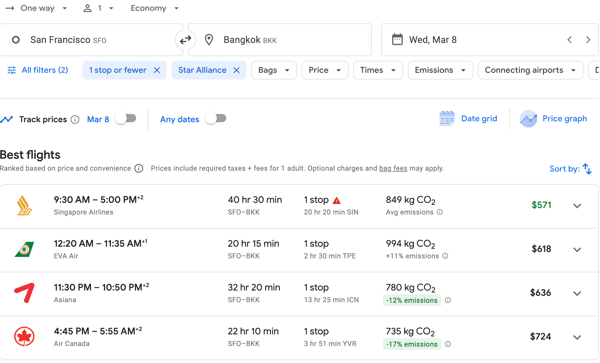 Google Flights Star Alliance to Bangkok
