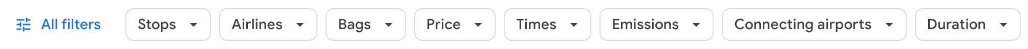Google Flights filters