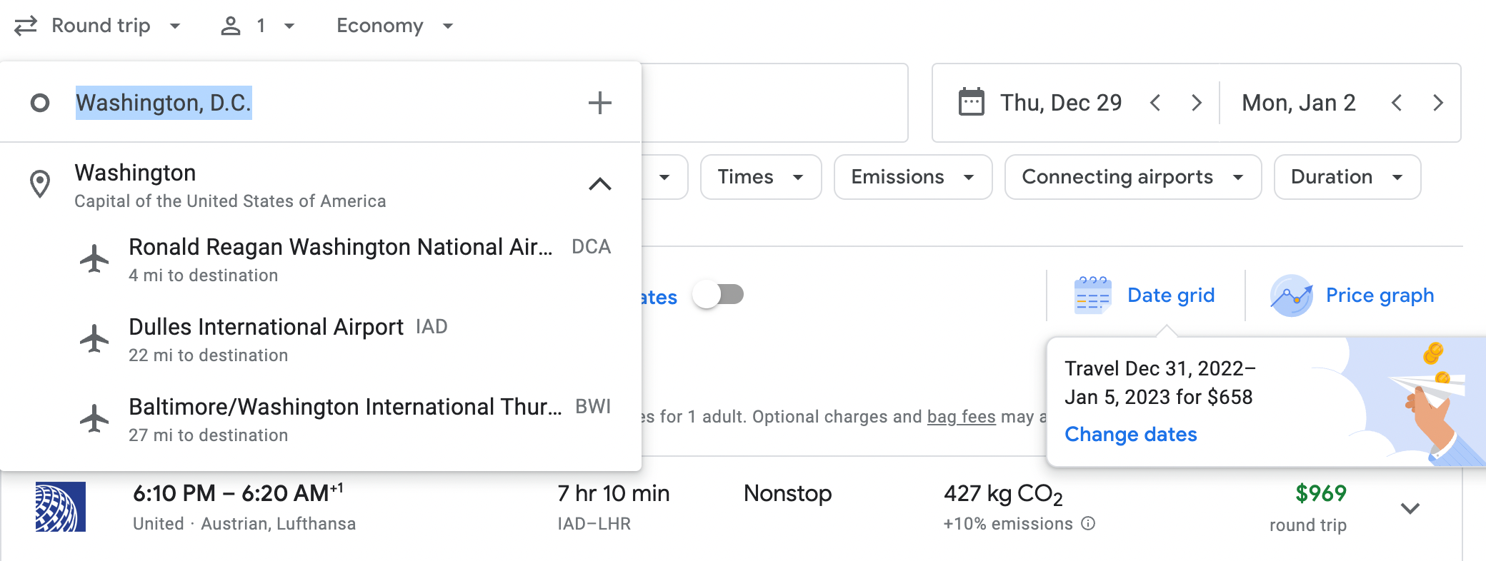 Google Flights nearby airports