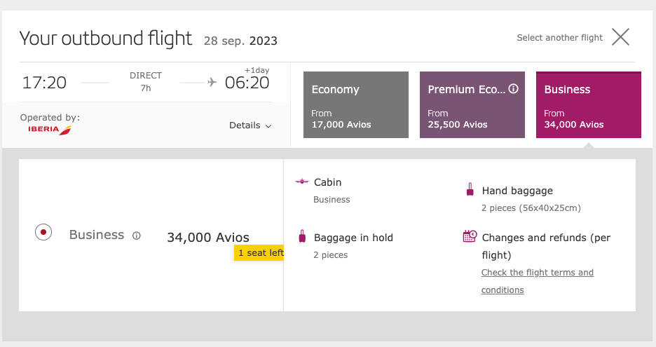 Iberia off-peak award ticket