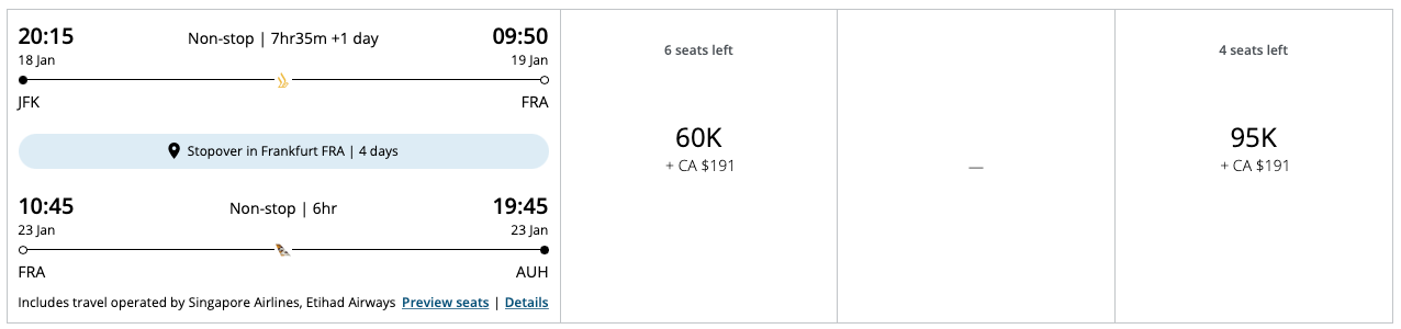 JFK to FRA to AUH Aeroplan award