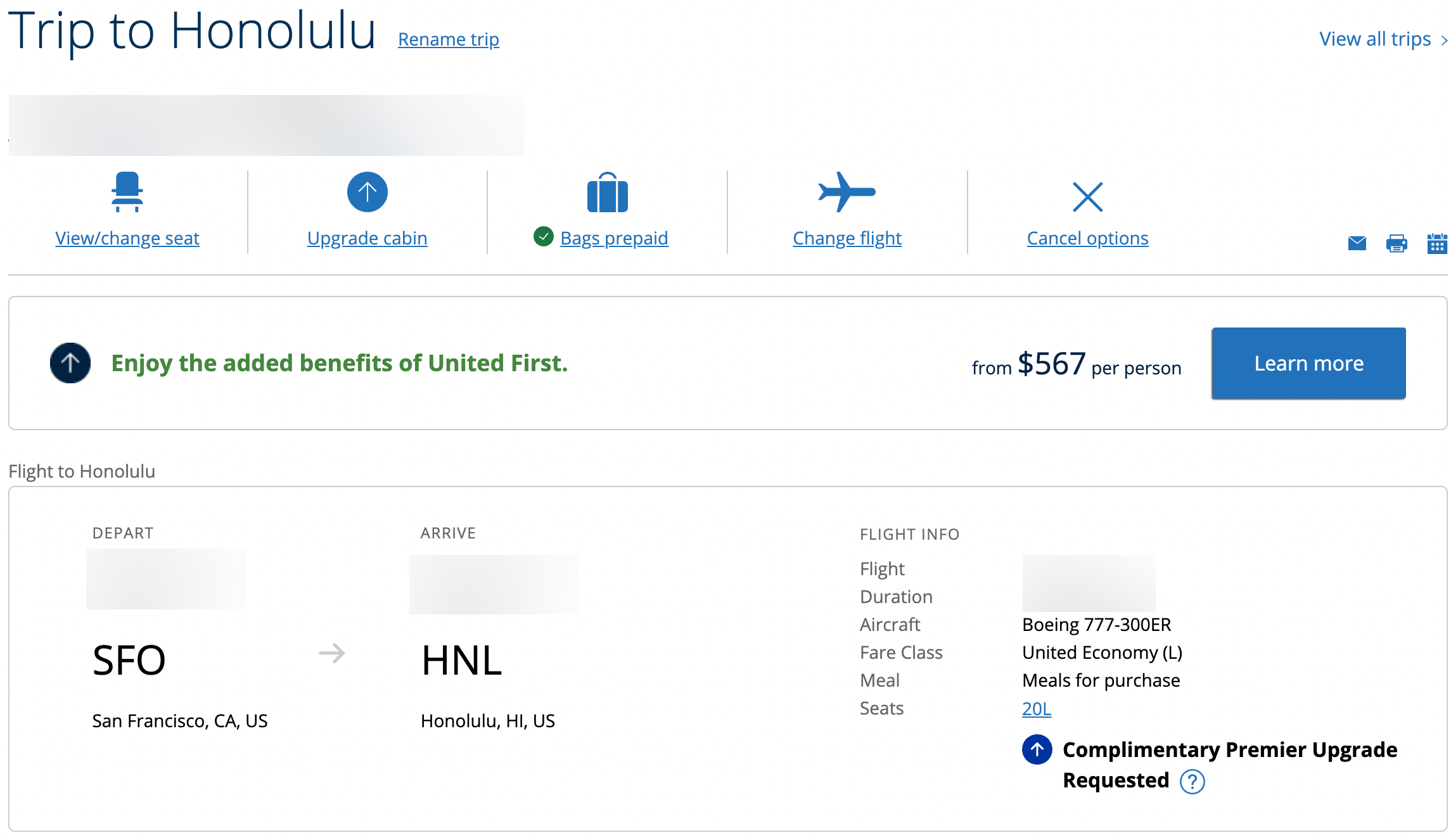 Manage my trip from SFO to HNL