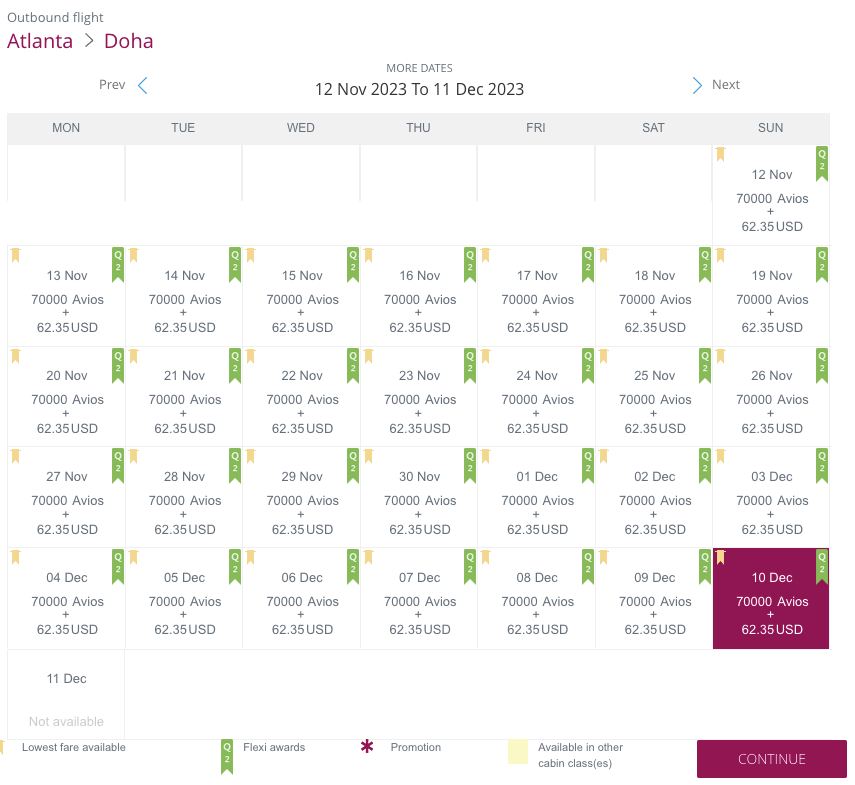 Qatar Airways award calendar for Atlanta to Doha in business class